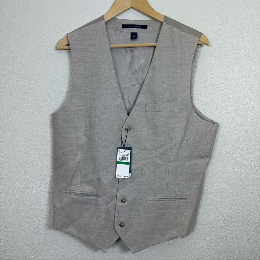 Perry Ellis Mens Vest Large Linen Blend Natural Linen Core NWT